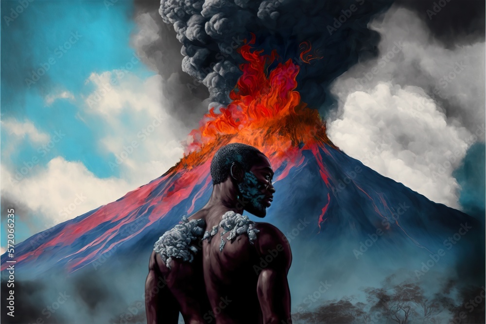 Man standing against volcano created with Generative AI 