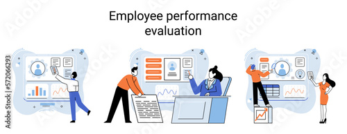 HR department work scenes set, qualified employee responsible for formation of human resources in organization. Specialist engaged in selection, adaptation, dismissal, development of personnel