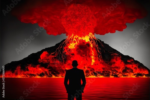 Man standing against volcano created with Generative AI 