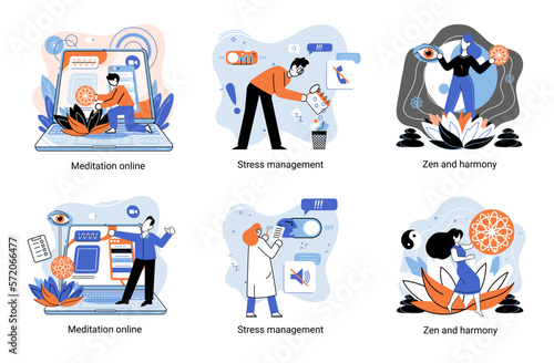 Meditation online. Self-management, self regulation learning, self-organization course, control over emotions metaphor Online yoga at home meditating. Deals with stress management, zen and harmony