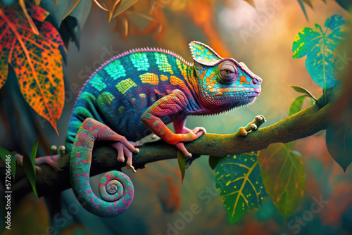 chameleon on a tree, background of the jungle, generative AI
