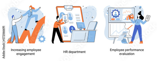 HR department work scenes set, qualified employee responsible for formation of human resources in organization. Specialist engaged in selection, adaptation, dismissal, development of personnel