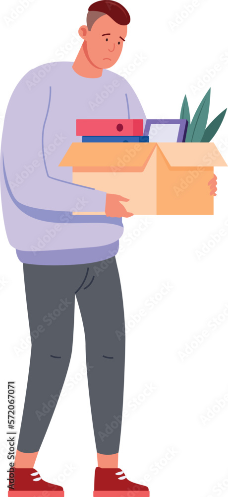 Sad man with stuff in cardboard box. Fired person Sad man with stuff in cardboard box. Fired person