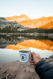 Sunrise Coffee with Orange Alpen Glow in The Bitterroot Mountains of Montana