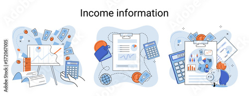 Income information vector set, business profitability indicator, entrepreneurial activity and accounting. Registration of claim form document, providing personal information, financial report