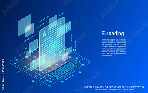 E-reading flat 3d isometric style vector concept illustration