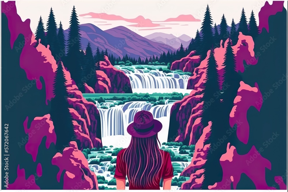 Woman standing against waterfall flat illustration. Landscape. Created with Generative AI 