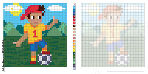 vector pixel art illustration, young soccer player on green football field, coloring book, embroidery design, mosaic, creativity, development of motor skills and imagination