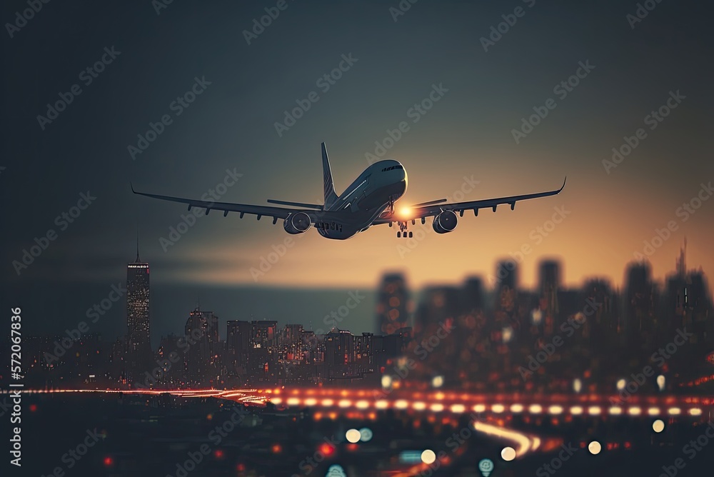 Passengers commercial airplane flying above illuminated city in afternoon cinematic light. Concept of fast travel, holidays and business by AI generative.