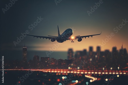 Passengers commercial airplane flying above illuminated city in afternoon cinematic light. Concept of fast travel, holidays and business by AI generative.