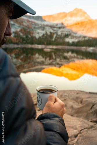 Sunrise Coffee with Orange Alpen Glow in The Bitterroot Mountains of Montana photo