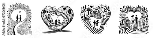 A set of illustrations depicting a couple in love
