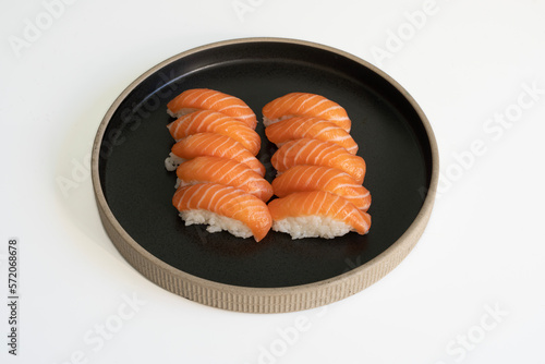 Paris  France - 02 13 2023  Japanese culinary Still Life. Nigiri Sushi with salmon and rice