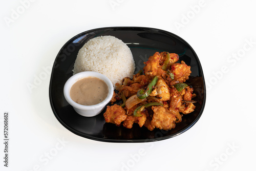 Paris, France - 02 13 2023: Japanese culinary Still Life. Grilled salt and pepper chicken with rice and a sauce photo