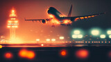 Airplane during take off on airport runway at night