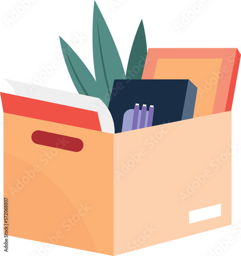 Cardboard box with stuff. Office supplies and decoration container