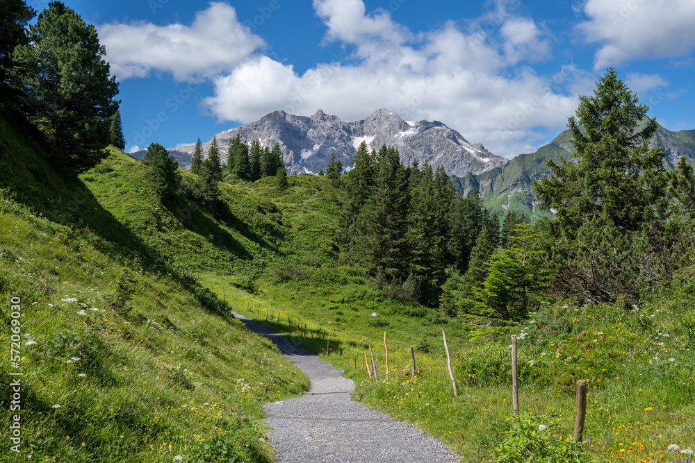 On the way to the Körbersee in the Hocktannberg Region of the Arlberg, view toward the Mohnenfluh moutain On the way to the Körbersee in the Hocktannberg Region of the Arlberg, view toward the Mohnenfluh moutain