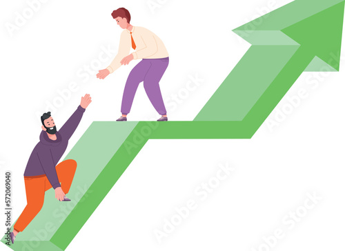 Career growth help. Man take hand for climbing up