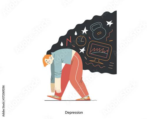 Mental disorders illustration. Depression - modern flat vector illustration of tired man suffering under the weight of problems and obligations. People emotional, psychological, mental traumas concept