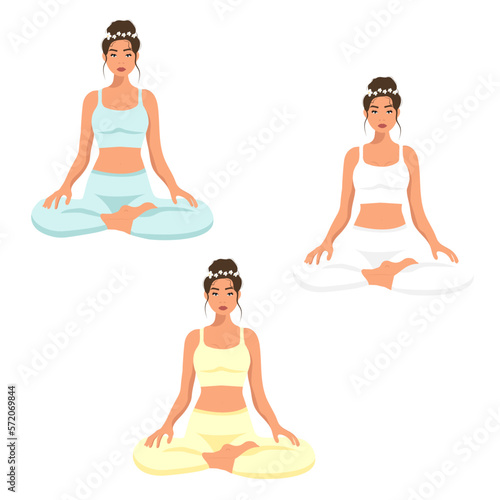 Female cartoon character sitting in lotus posture and meditating. Girl with crossed legs. Colorful flat vector illustration with plants. Young pretty woman performing yoga exercise. (ID: 572069844)