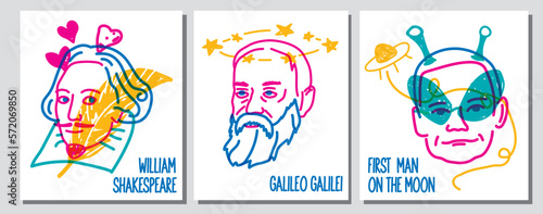 Line illustration of famous people Armstrong, william Shakespeare, Galileo photo