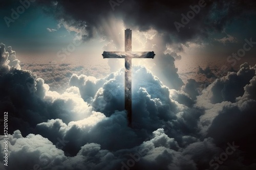 A Divine Scene Christian Cross Appearing Brightly in the Sky amongst Soft Fluffy Clouds Generative AI photo