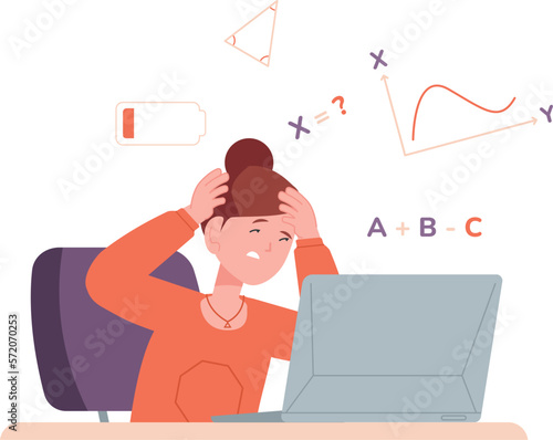 Difficult math homework. Stressed kid hard studying