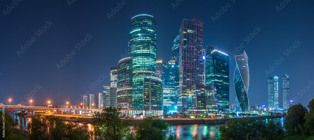 Moscow city at summer night. Modern skyscrapers in Moscow-city downtown. Moscow, Russia