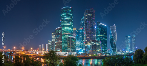 Moscow city at summer night. Modern skyscrapers in Moscow-city downtown. Moscow  Russia