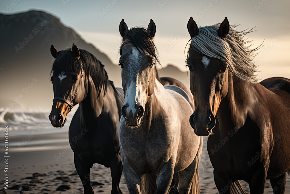 Beautiful horses on the beach. Ai generative. Beautiful horses on the beach. Ai generative.