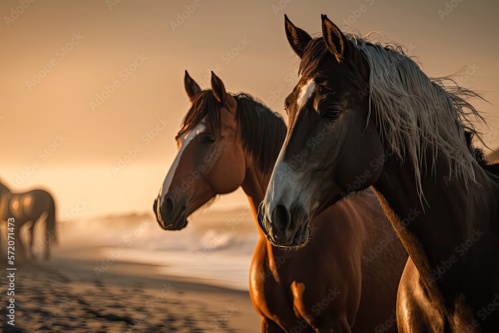 Beautiful horses on the beach. Ai generative. Beautiful horses on the beach. Ai generative.