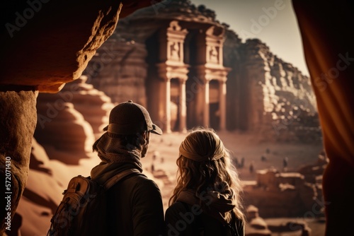 Jordan travel couple tourists at The Monastery, Petra's largest monument, Generative AI