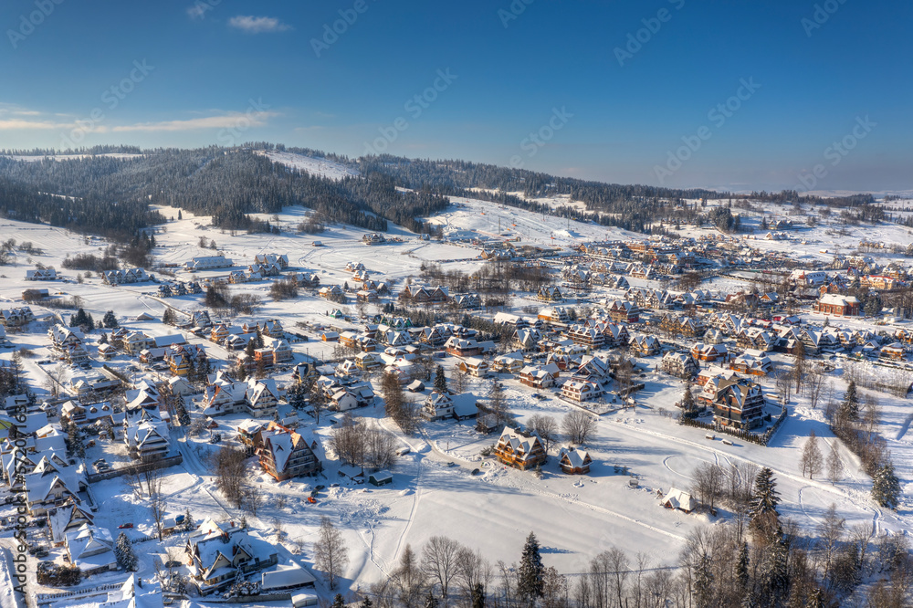 Aerial view of ski resort during the day. Bialka Tatrzanska, Poland.