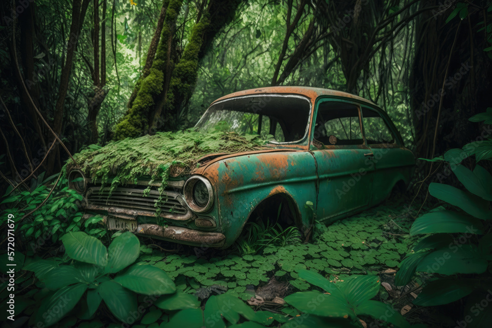 A rusty car in the jungle, generative AI