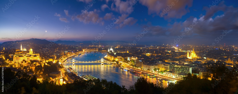 Budapest night panorama view. Long exposure (trees in the foreground out of focus and some in motion blur).