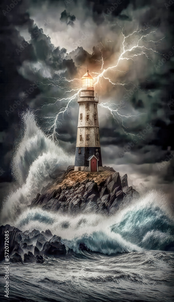 Leuchtturm bei Nacht im Sturm Surreal Digital Art Gemälde Generative AI Digital Kunst Illustration Background Hintergrund