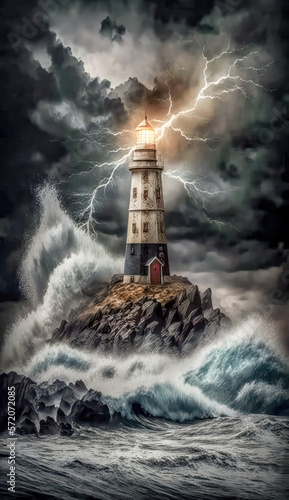 Leuchtturm bei Nacht im Sturm Surreal Digital Art Gemälde Generative AI Digital Kunst Illustration Background Hintergrund