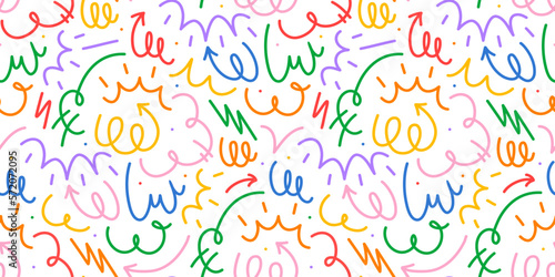 Fun colorful line doodle seamless pattern. Creative abstract style art symbol background for children or celebration design with basic shapes. Simple childish scribble wallpaper print.
