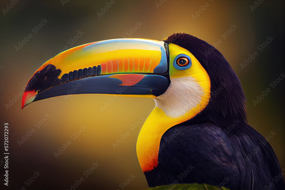 Fototapeta premium Toucan in the jungle with a beautiful yellow beak. Ai generative
