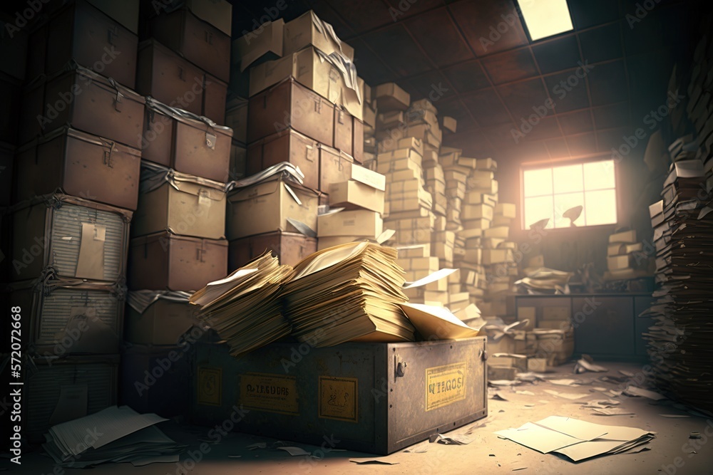 Dusty old archive room with piles of papers and boxes