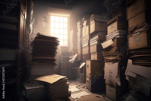 Obraz na plátne Dark room fool of papers archive room with cardboard boxes and piles of paperwork