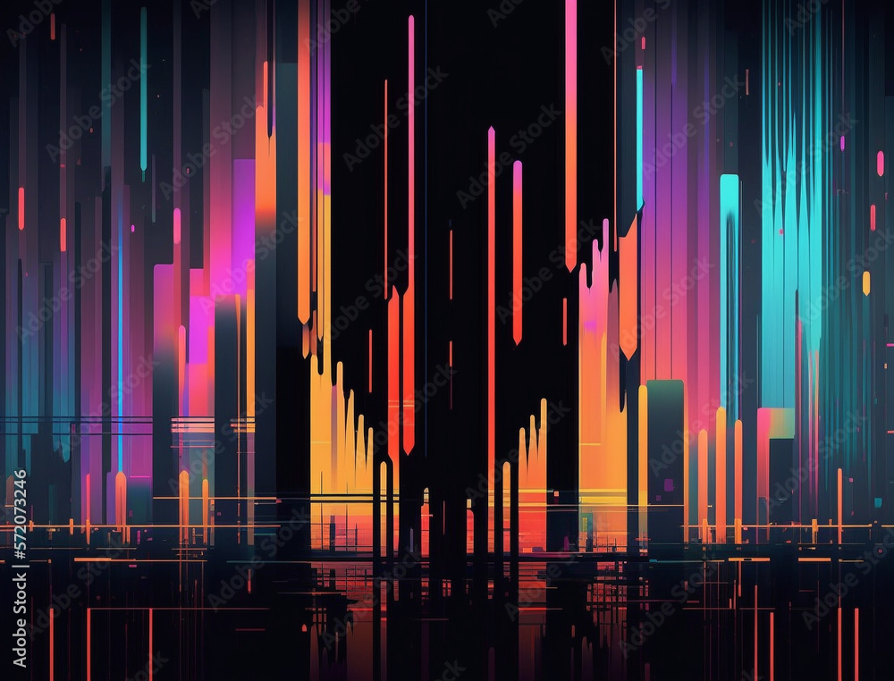 Digital glitch art image is an explosion of vibrant neon colors and distorted shapes, evoking a sense of energy and excitement. The glitch effect adds a unique and edgy feel, while the bold hues.