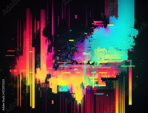 Digital glitch art image is an explosion of vibrant neon colors and distorted shapes, evoking a sense of energy and excitement. The glitch effect adds a unique and edgy feel, while the bold hues.