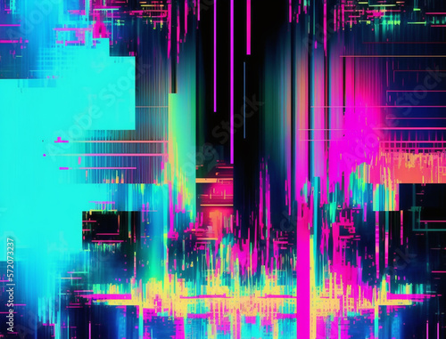 Digital glitch art image is an explosion of vibrant neon colors and distorted shapes, evoking a sense of energy and excitement. The glitch effect adds a unique and edgy feel, while the bold hues.
