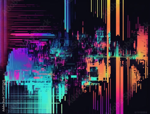 Digital glitch art image is an explosion of vibrant neon colors and distorted shapes  evoking a sense of energy and excitement. The glitch effect adds a unique and edgy feel  while the bold hues.