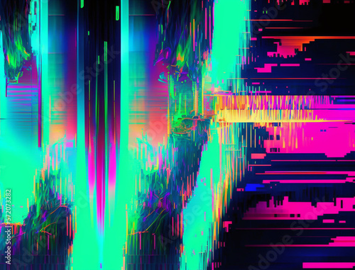 Digital glitch art image is an explosion of vibrant neon colors and distorted shapes, evoking a sense of energy and excitement. The glitch effect adds a unique and edgy feel, while the bold hues.