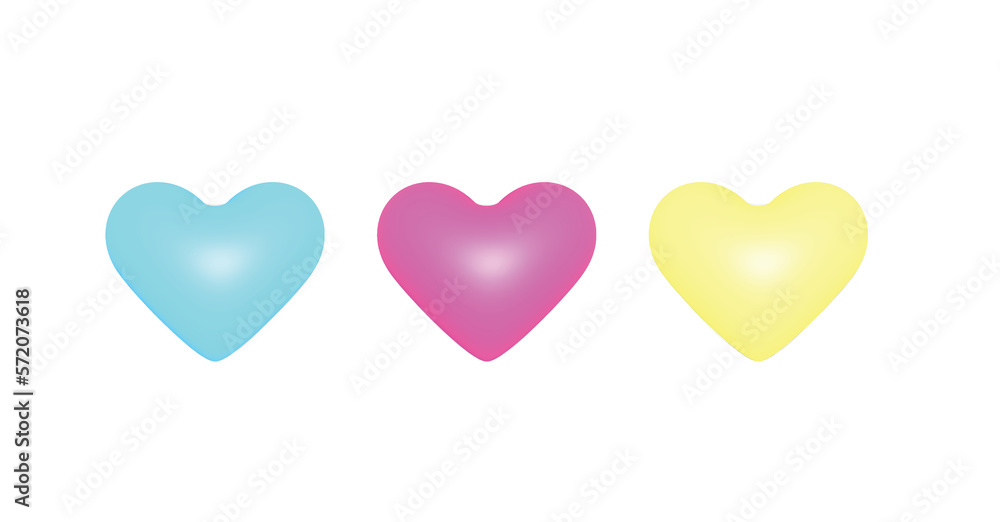 Three 3d pastel hearts on a white background