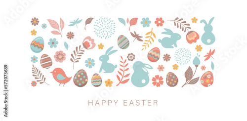 Happy Easter. Bunnies, eggs and flowers. Modern style design, pastel colors