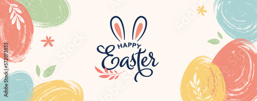 Happy Easter. Bunnies, eggs and flowers. Modern style design, pastel colors