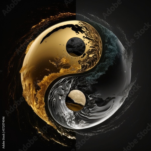 air and water yin yang with black and gold digital art illustration. Generative AI